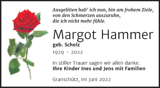 Traueranzeige von Margot Hammer von Trauerkombi Weißenfels