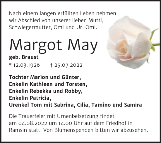 Traueranzeige von Margot May von Mitteldeutsche Zeitung Bitterfeld