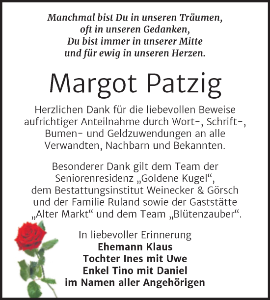 Traueranzeige von Margot Patzig von Trauerkombi Bernburg