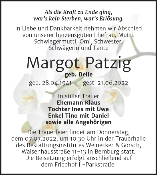 Traueranzeige von Margot Patzig von Trauerkombi Bernburg