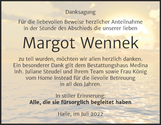 Traueranzeige von Margot Wennek von Mitteldeutsche Zeitung Halle/Saalkreis