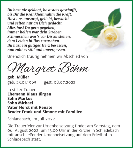 Traueranzeige von Margret Böhm von Trauerkombi Merseburg