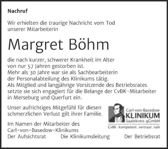 Traueranzeige von Margret Böhm von Mitteldeutsche Zeitung Merseburg/Querfurt