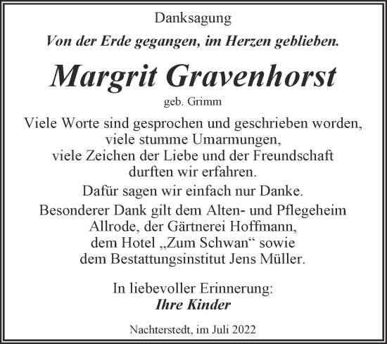 Traueranzeige von Margrit Gravenhorst von Trauerkombi Aschersleben