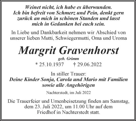 Traueranzeige von Margrit Gravenhorst von Trauerkombi Aschersleben