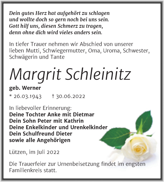 Traueranzeige von Margrit Schleinitz von Trauerkombi Weißenfels