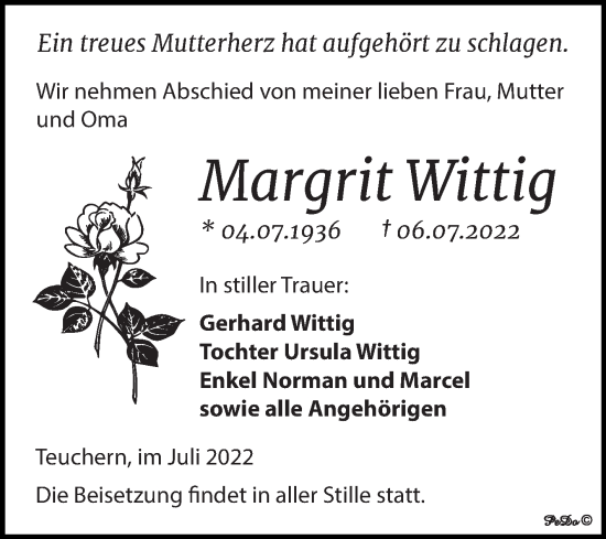 Traueranzeige von Margrit Wittig von Trauerkombi Weißenfels