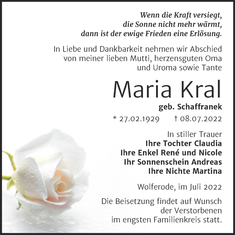  Traueranzeige für Maria Kral vom 16.07.2022 aus Trauerkombi Mansfelder Land