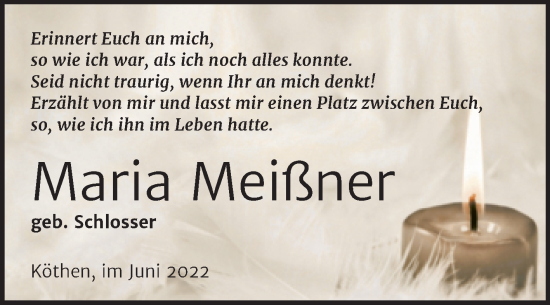 Traueranzeige von Maria Meißner von Trauerkombi Köthen