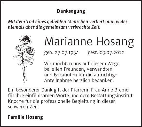 Traueranzeige von Marianne Hosang von Trauerkombi Aschersleben