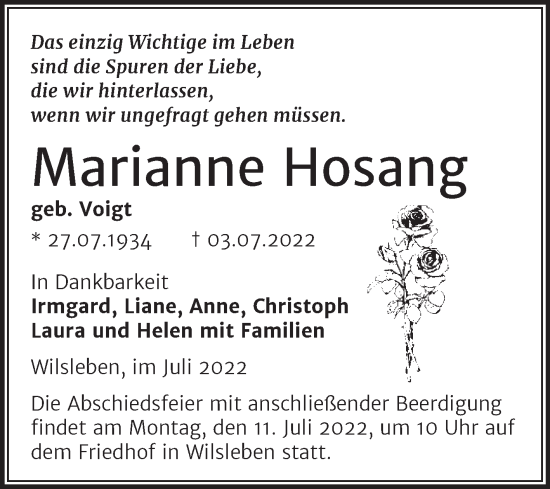 Traueranzeige von Marianne Hosang von Trauerkombi Aschersleben