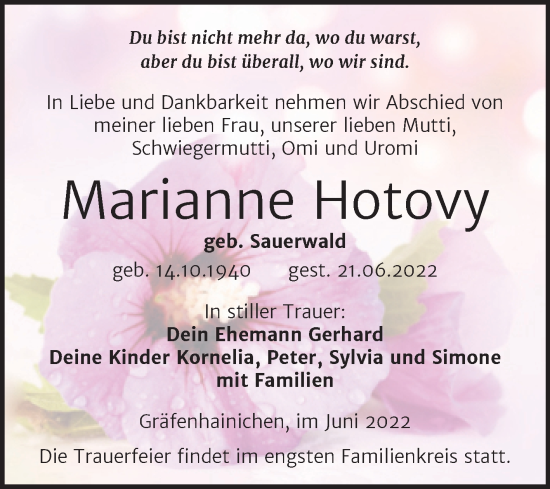 Traueranzeige von Marianne Hotovy von Trauerkombi Wittenberg