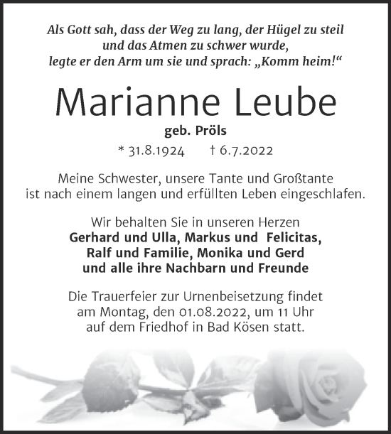 Traueranzeige von Marianne Leube von Naumburger Tageblatt