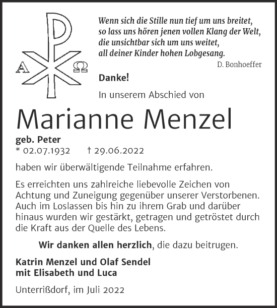 Traueranzeige von Marianne Menzel von Trauerkombi Mansfelder Land