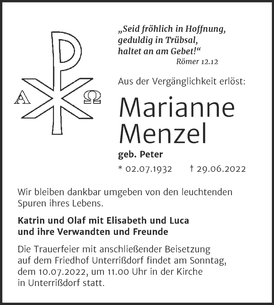  Traueranzeige für Marianne Menzel vom 02.07.2022 aus Trauerkombi Mansfelder Land