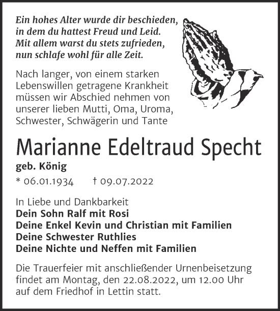Traueranzeige von Marianne Edeltraud Specht von Mitteldeutsche Zeitung Halle/Saalkreis