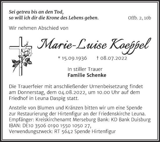 Traueranzeige von Marie-Luise Koeppel von Trauerkombi Merseburg