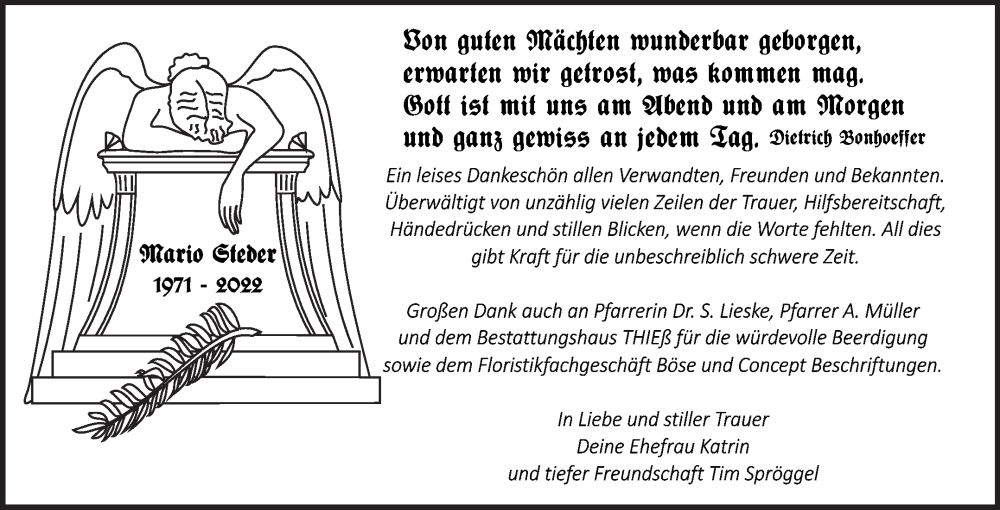  Traueranzeige für Mario Steder vom 09.07.2022 aus Trauerkombi Quedlinburg