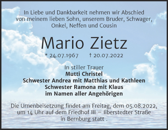 Traueranzeige von Mario Zietz von Trauerkombi Bernburg