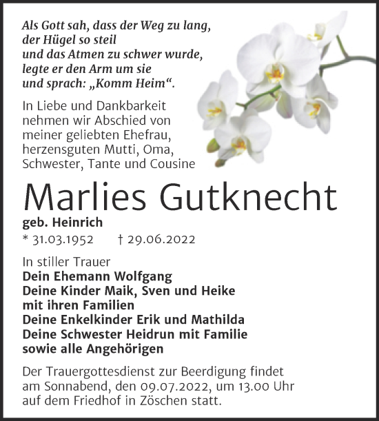 Traueranzeige von Marlies Gutknecht von Trauerkombi Merseburg