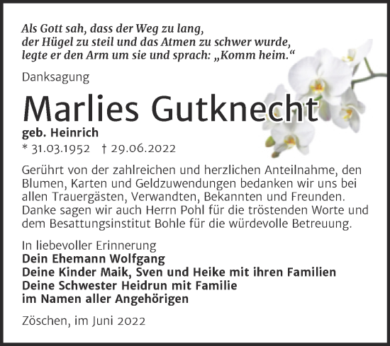 Traueranzeige von Marlies Gutknecht von Trauerkombi Merseburg