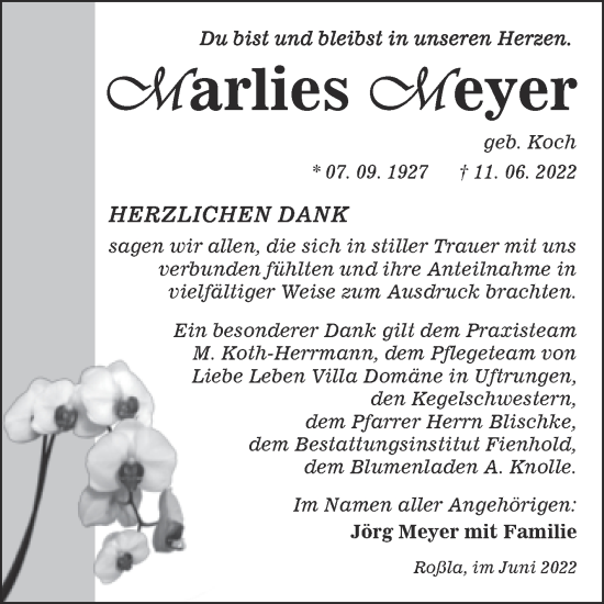 Traueranzeige von Marlies Meyer von Trauerkombi Sangerhausen
