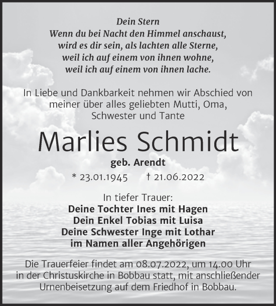 Traueranzeige von Marlies Schmidt von Trauerkombi Bitterfeld