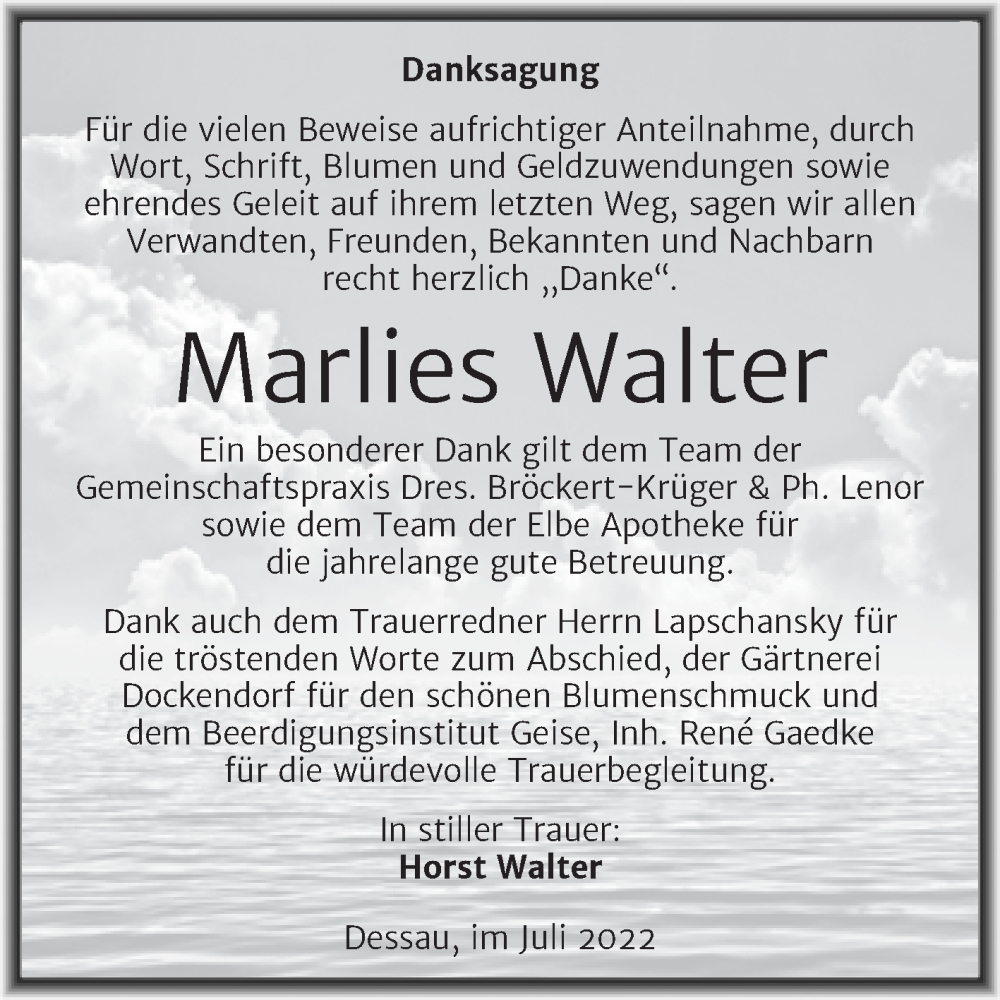  Traueranzeige für Marlies Walter vom 16.07.2022 aus Trauerkombi Dessau