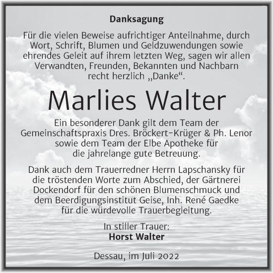 Traueranzeige von Marlies Walter von Trauerkombi Dessau