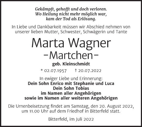 Traueranzeige von Marta Wagner von Trauerkombi Bitterfeld