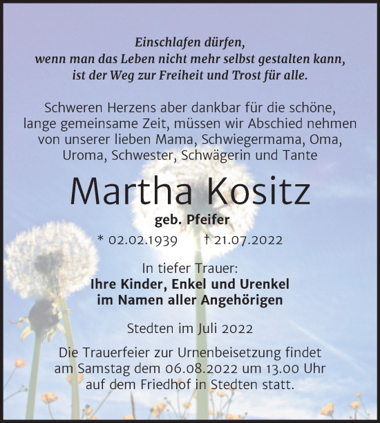 Traueranzeige von Martha Kositz von Trauerkombi Mansfelder Land
