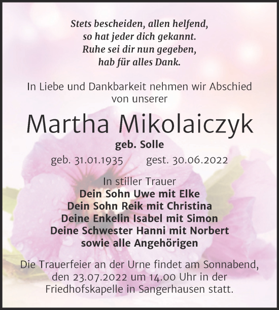 Traueranzeige von Martha Mikolaiczyk von Trauerkombi Sangerhausen