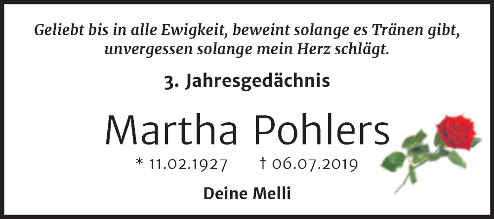  Traueranzeige für Martha Pohlers vom 06.07.2022 aus Mitteldeutsche Zeitung Halle/Saalkreis