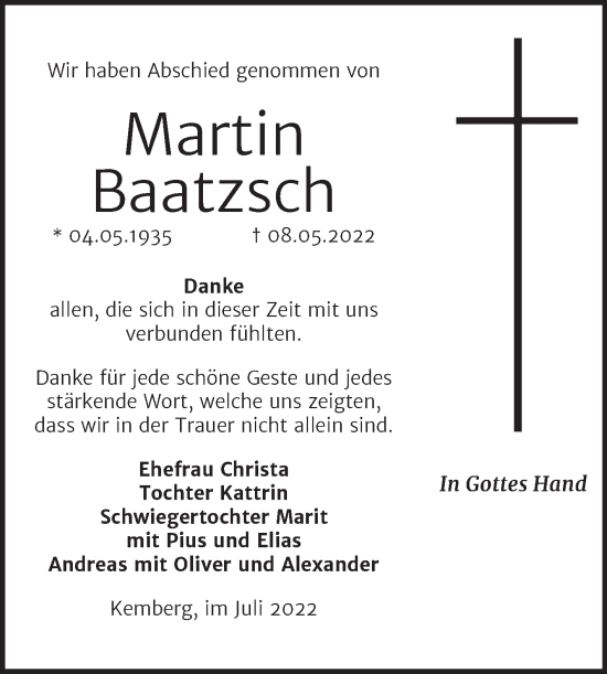 Traueranzeige von Martin Baatzsch von Trauerkombi Wittenberg