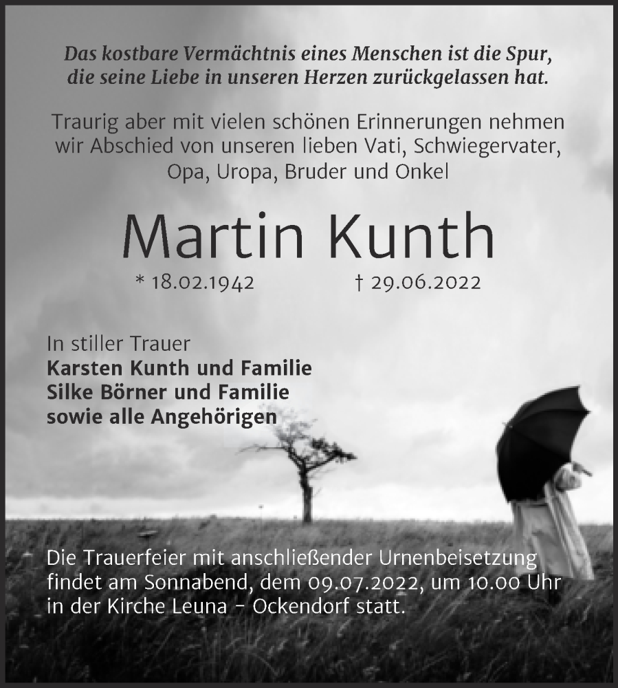  Traueranzeige für Martin Kunth vom 06.07.2022 aus Trauerkombi Merseburg