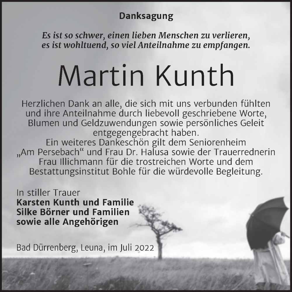  Traueranzeige für Martin Kunth vom 16.07.2022 aus Trauerkombi Merseburg