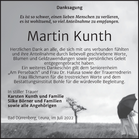 Traueranzeige von Martin Kunth von Trauerkombi Merseburg