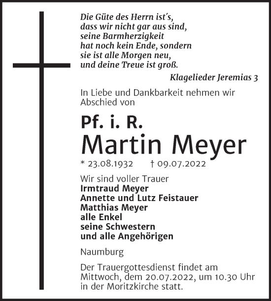 Traueranzeige von Martin Meyer von Wochenspiegel Naumburg/Nebra