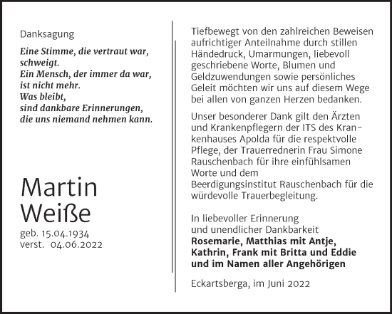 Traueranzeige von Martin Weiße von Naumburger Tageblatt