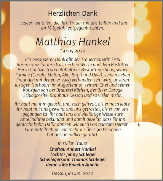 Traueranzeige von Matthias Hankel von Trauerkombi Dessau