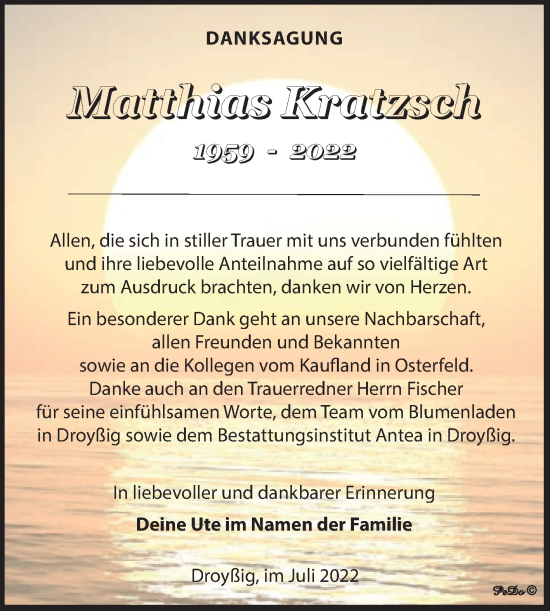 Traueranzeige von Matthias Kratzsch von Trauerkombi Zeitz