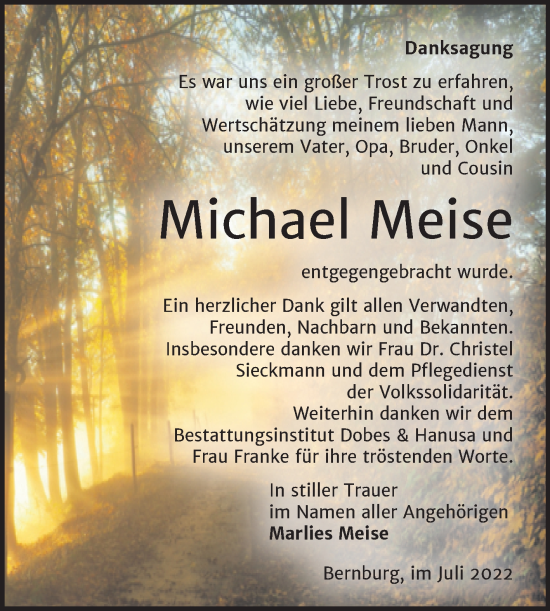 Traueranzeige von Michael Meise von Trauerkombi Bernburg