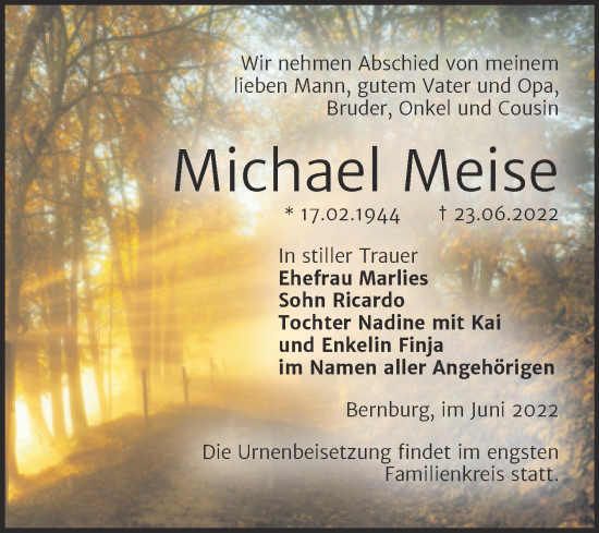 Traueranzeige von Michael Meise von Trauerkombi Bernburg