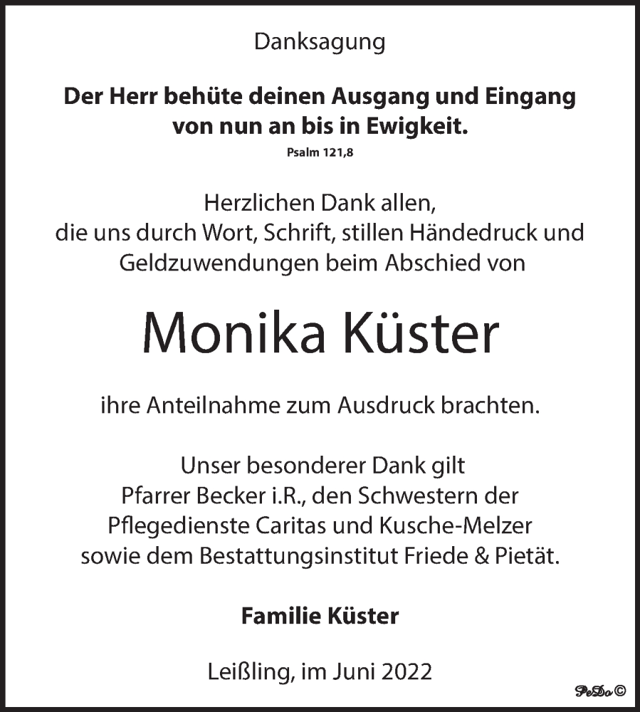  Traueranzeige für Monika Küster vom 06.07.2022 aus Trauerkombi Weißenfels
