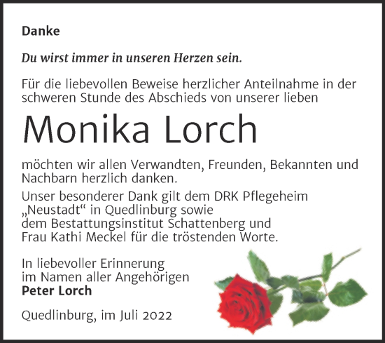 Traueranzeige von Monika Lorch von Trauerkombi Quedlinburg