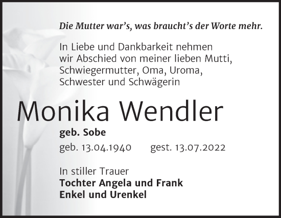 Traueranzeige von Monika Wendler von Trauerkombi Wittenberg