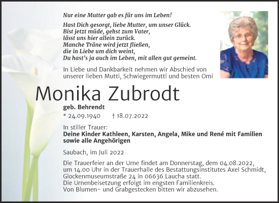 Traueranzeige von Monika Zubrodt von Wochenspiegel Naumburg/Nebra