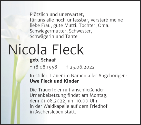 Traueranzeige von Nicola Fleck von Trauerkombi Aschersleben