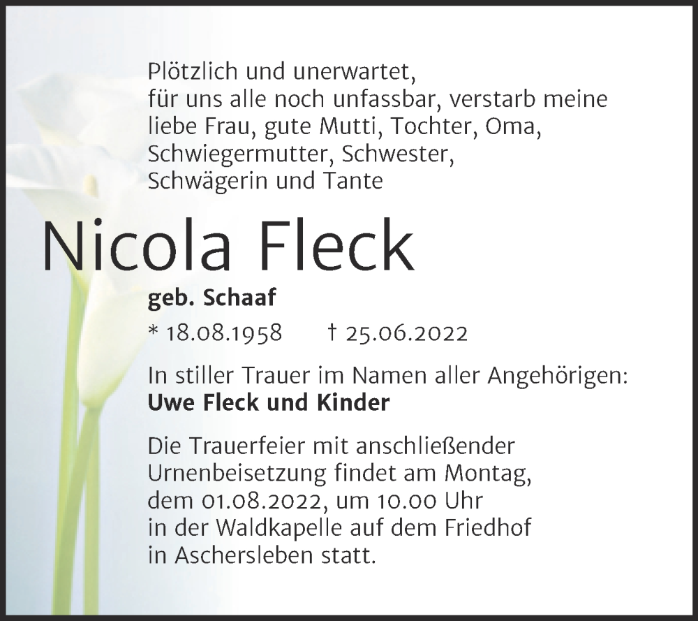  Traueranzeige für Nicola Fleck vom 02.07.2022 aus Trauerkombi Aschersleben