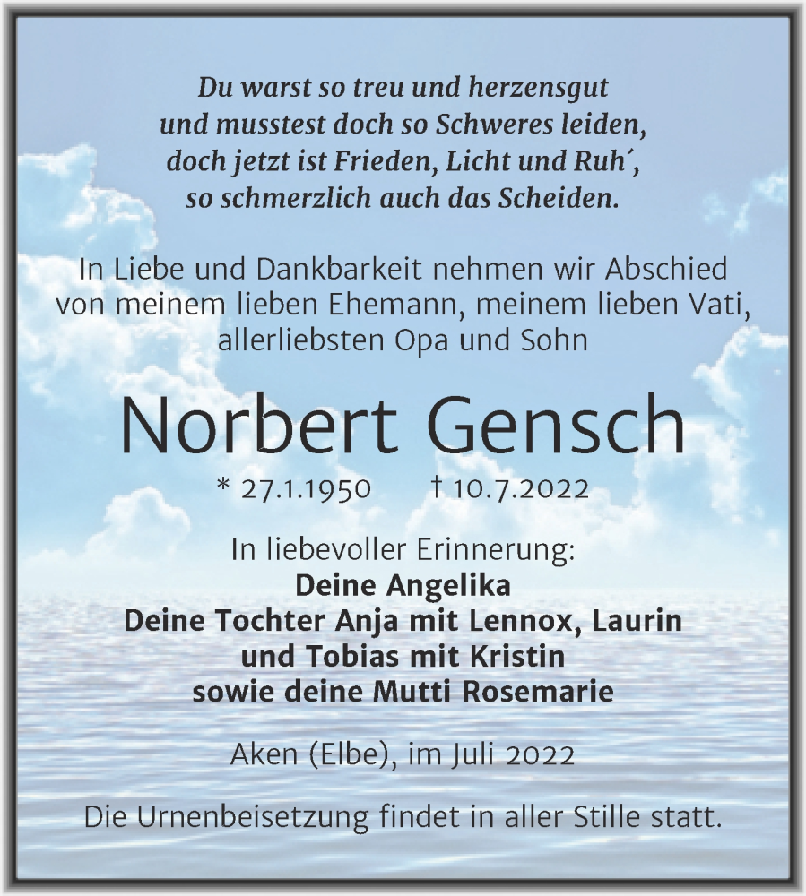  Traueranzeige für Norbert Gensch vom 13.07.2022 aus Trauerkombi Köthen